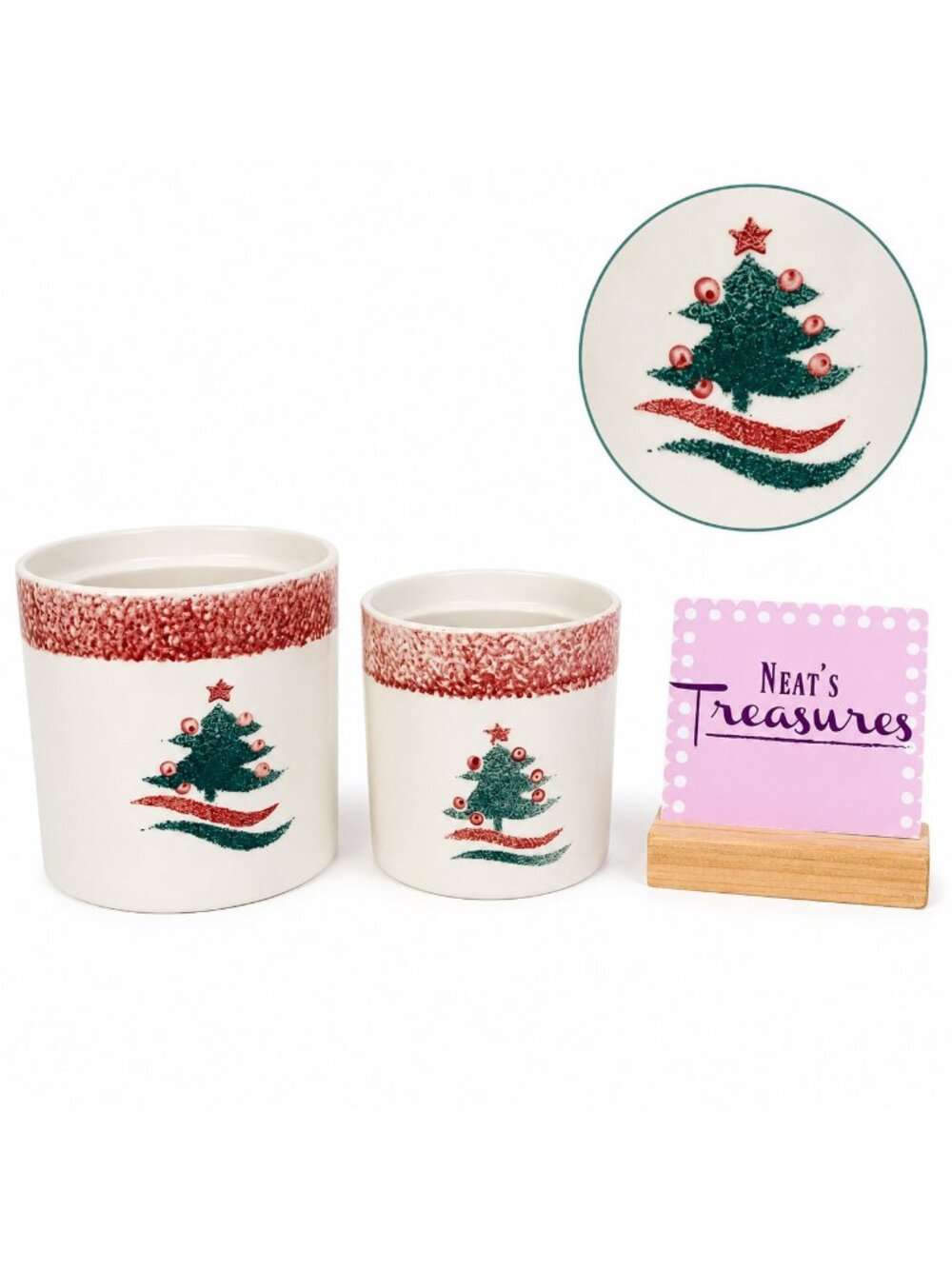Gibson CHRISTMAS STAR Stoneware Red Green Sponged Tree Storage Container Set 2